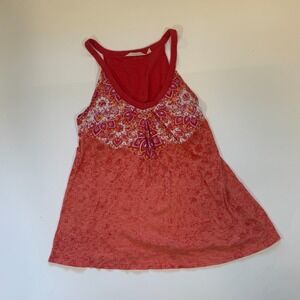 Athleta Tank Top Women's L Red Geo Print Pleated Sleeveless Deep V Neck Pullover